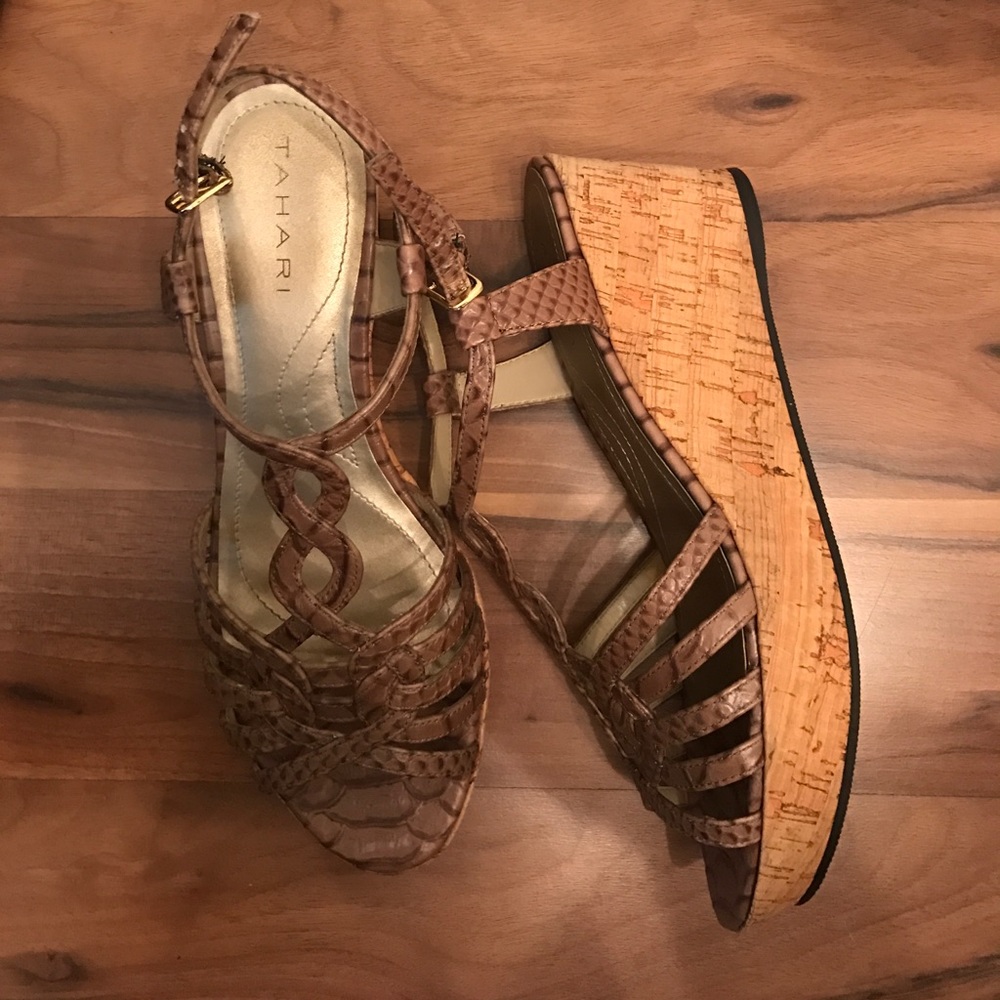 Tahari strappy snake wedge sandals